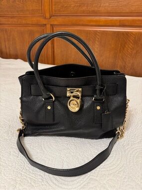 Michael Kors Black Leather Satchel with Gold-Tone Hardware and Chain Strap